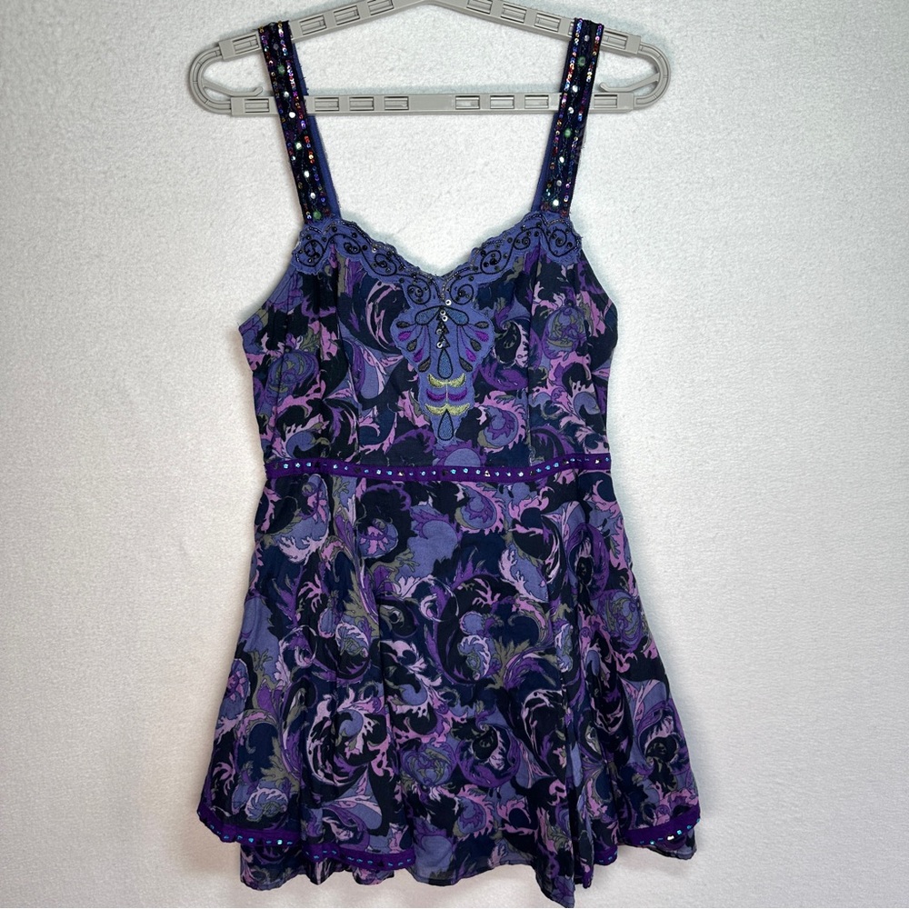 Free People Mini Dress 4 Purple Violet Beads Embroidery Sleeveless Sequins Lined